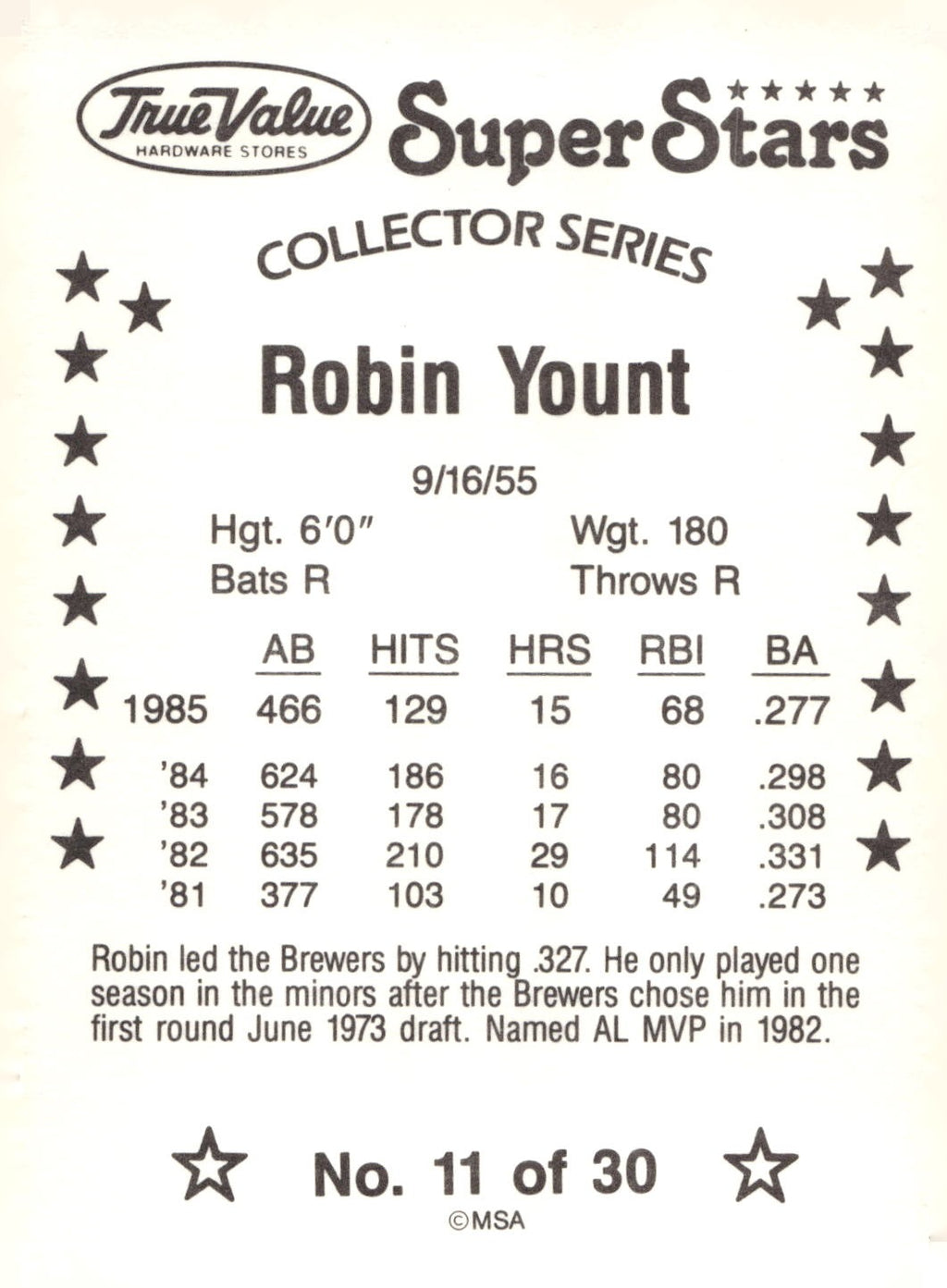1986 True Value #11 Robin Yount