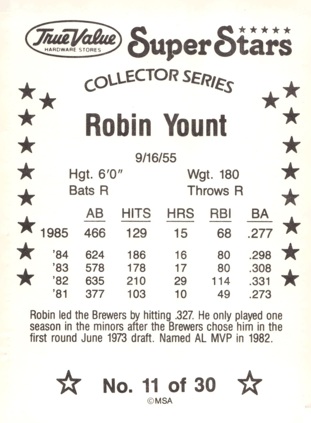 1986 True Value #11 Robin Yount