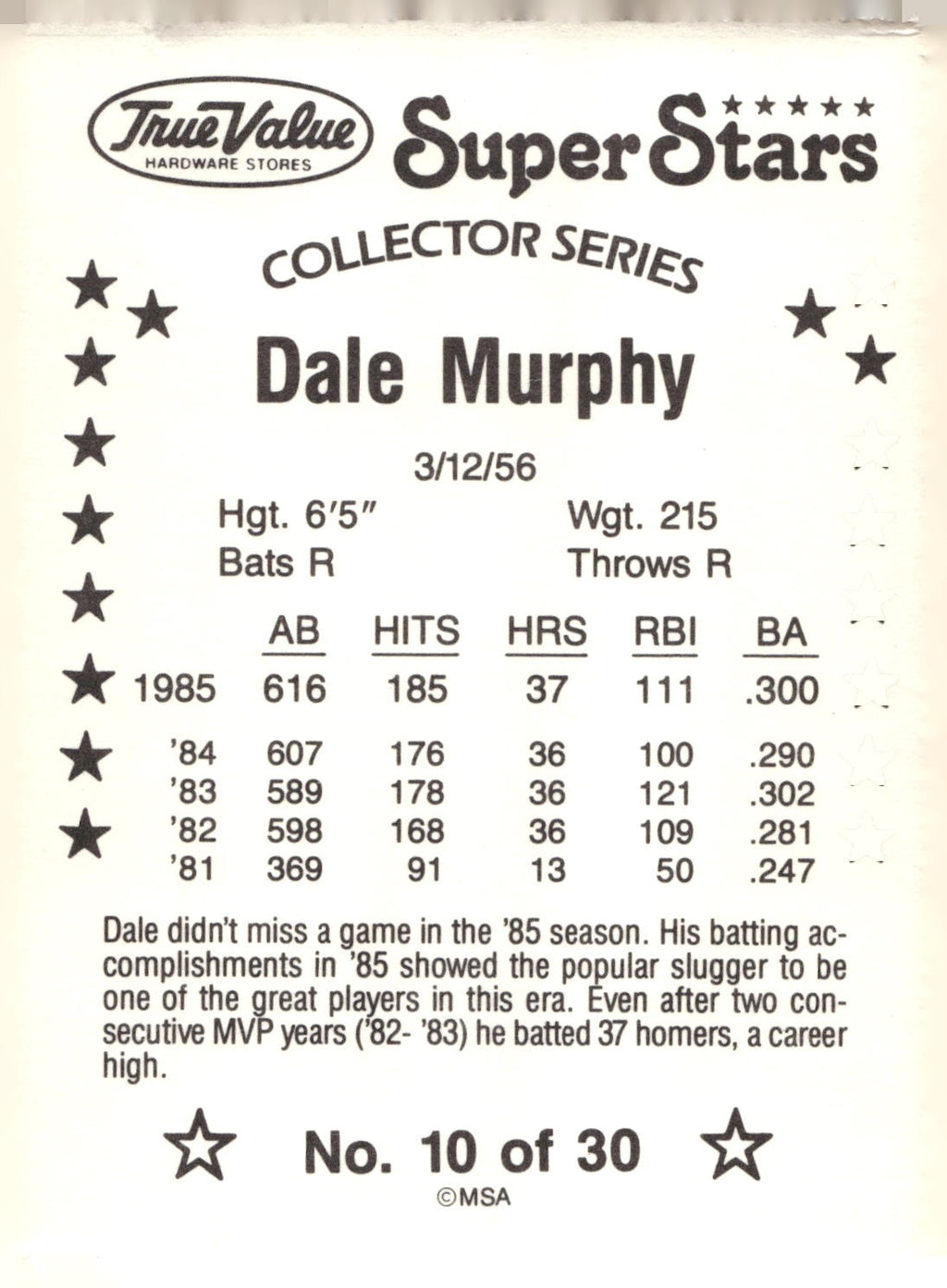 1986 True Value #10 Dale Murphy