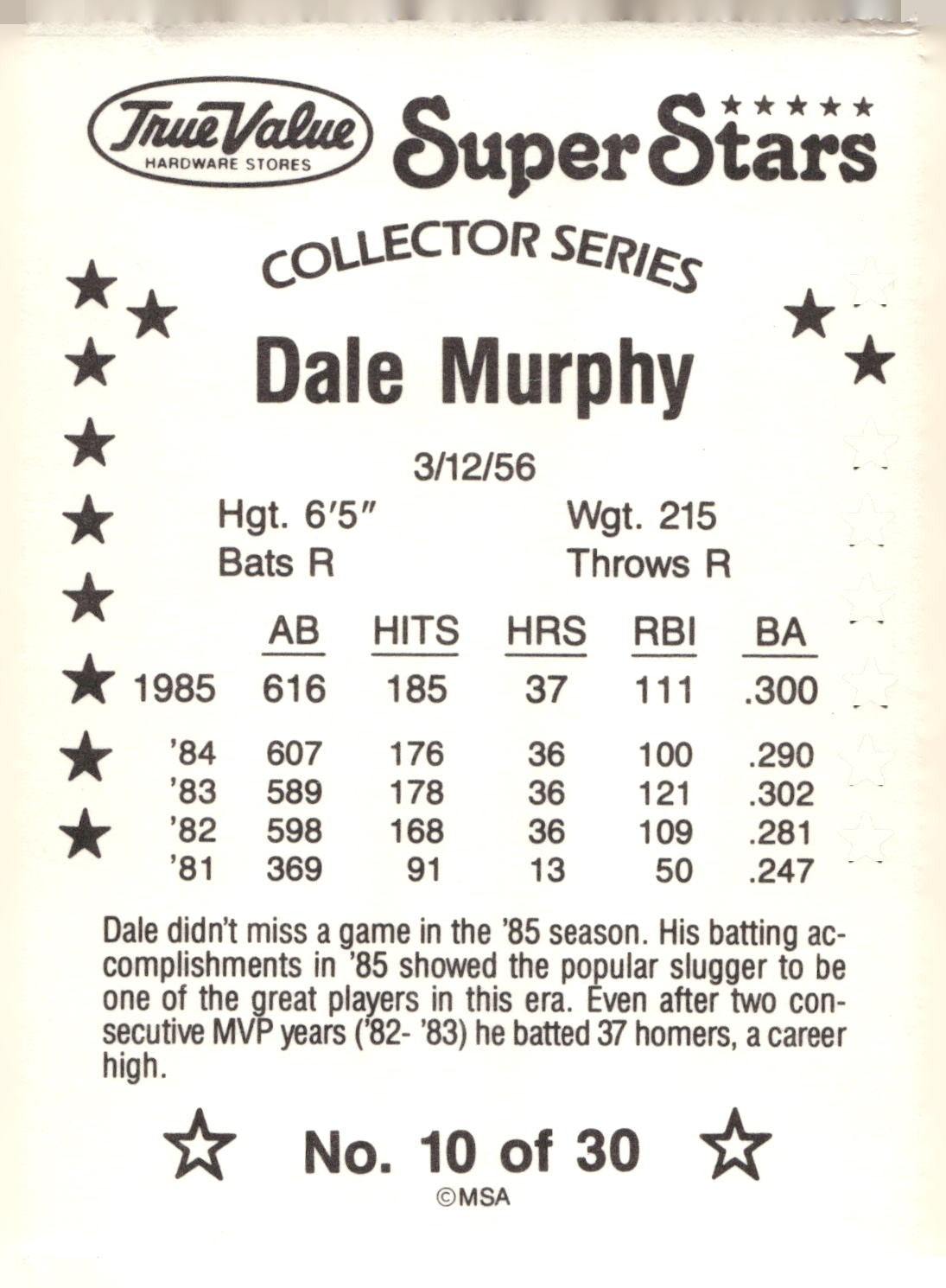 1986 True Value #10 Dale Murphy