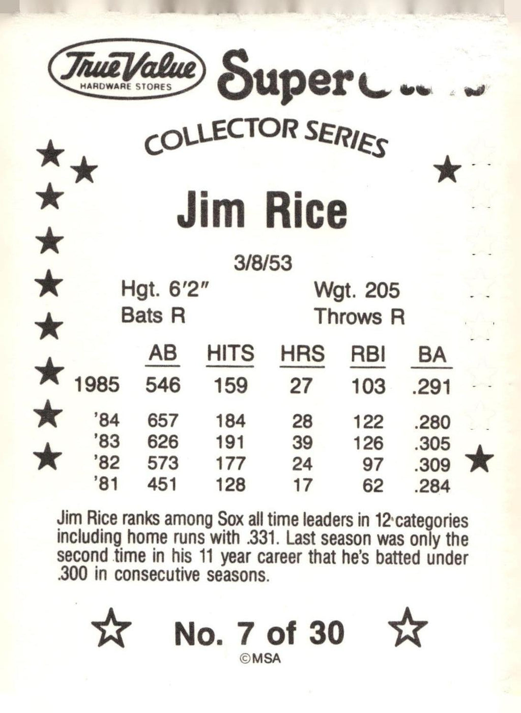 1986 True Value #7 Jim Rice