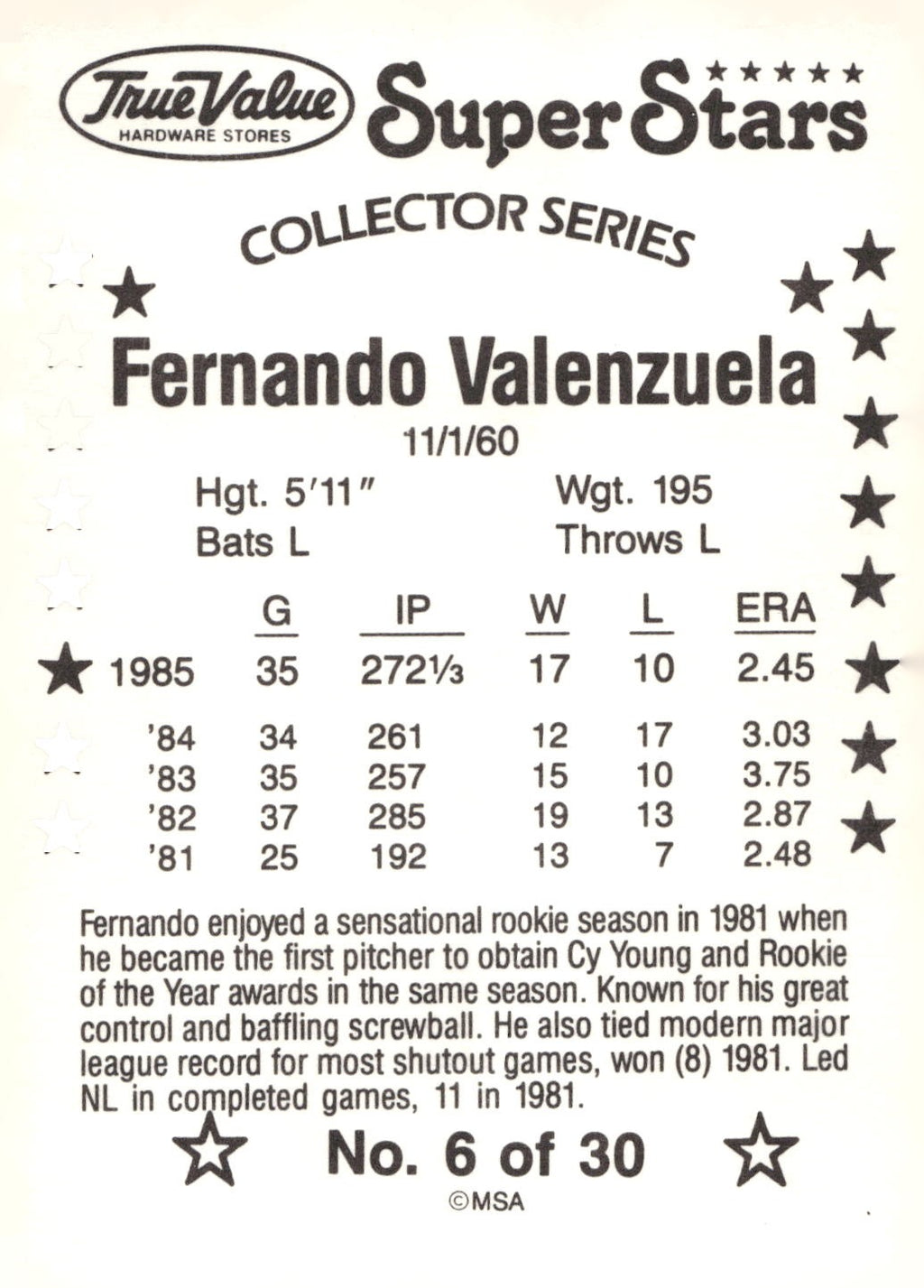1986 True Value #6 Fernando Valenzuela