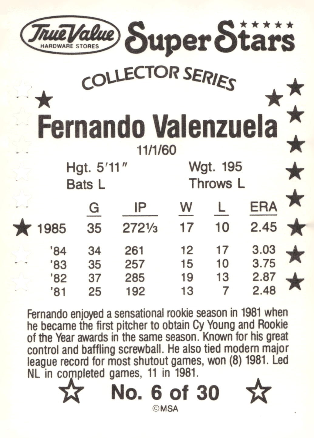 1986 True Value #6 Fernando Valenzuela