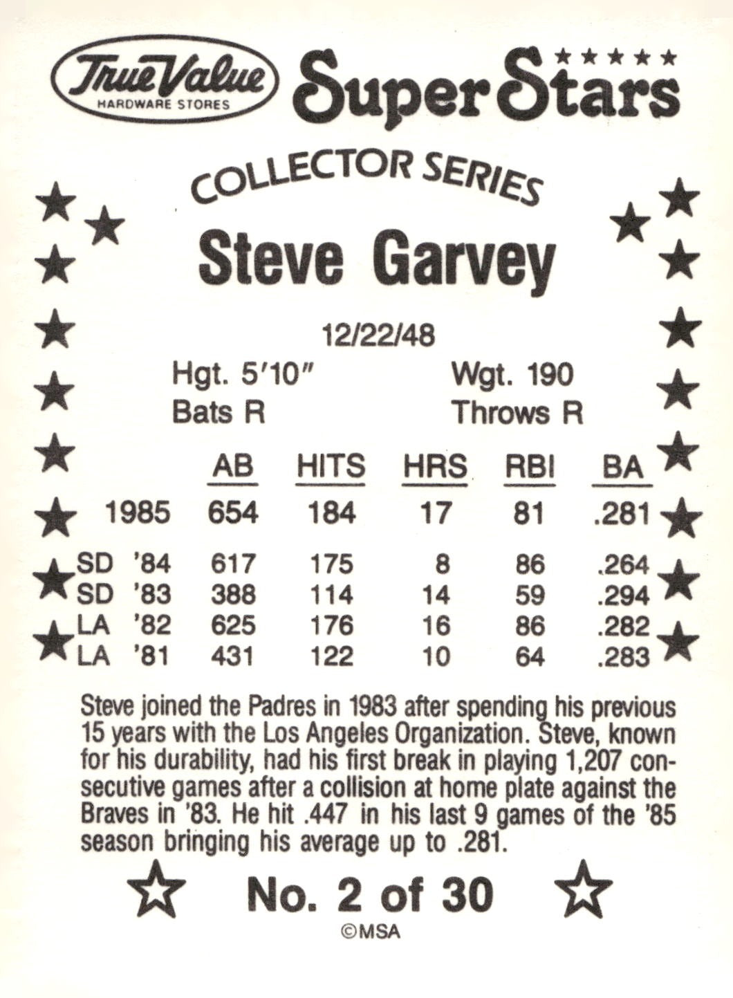 1986 True Value #2 Steve Garvey