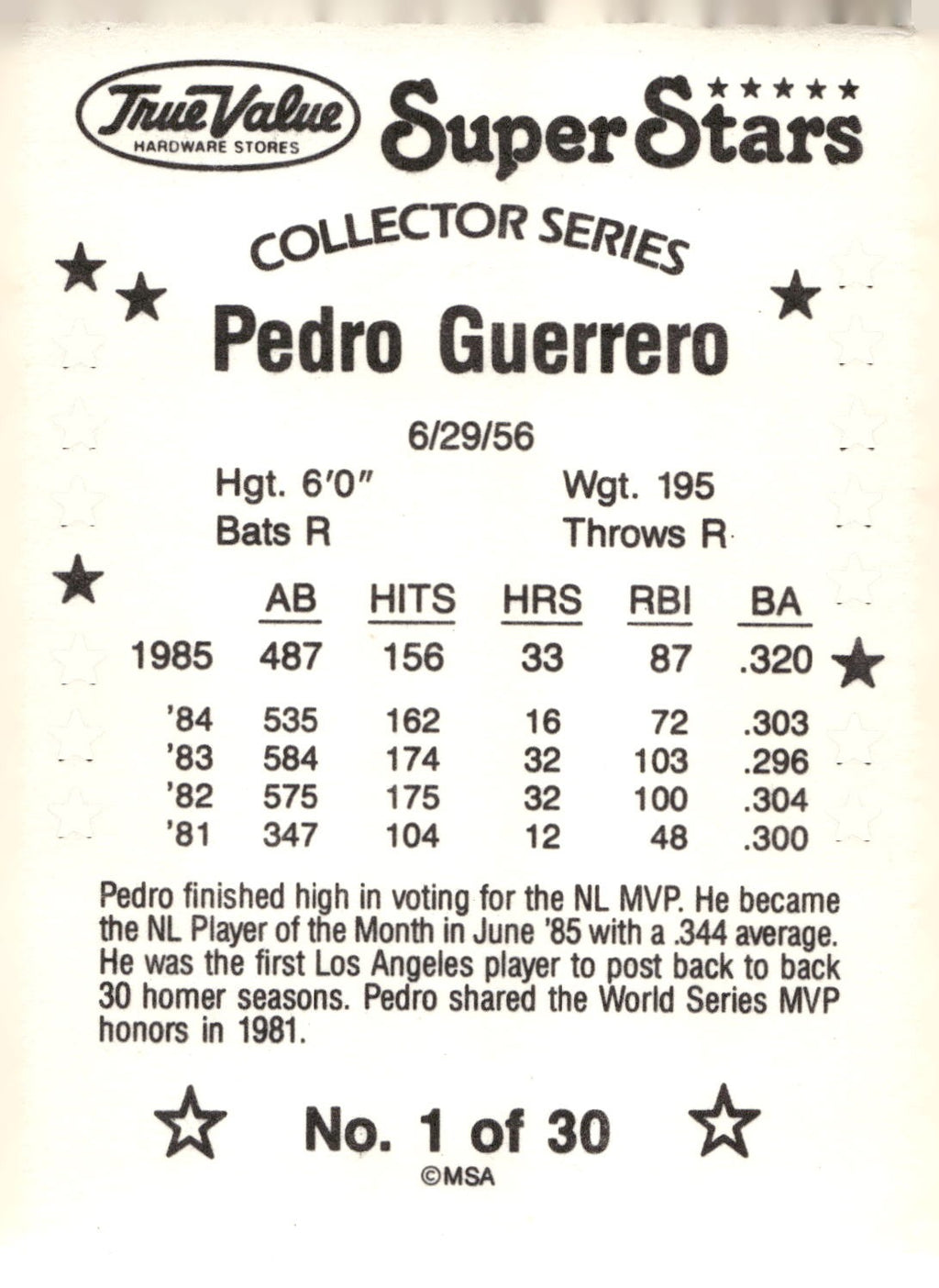 1986 True Value #1 Pedro Guerrero