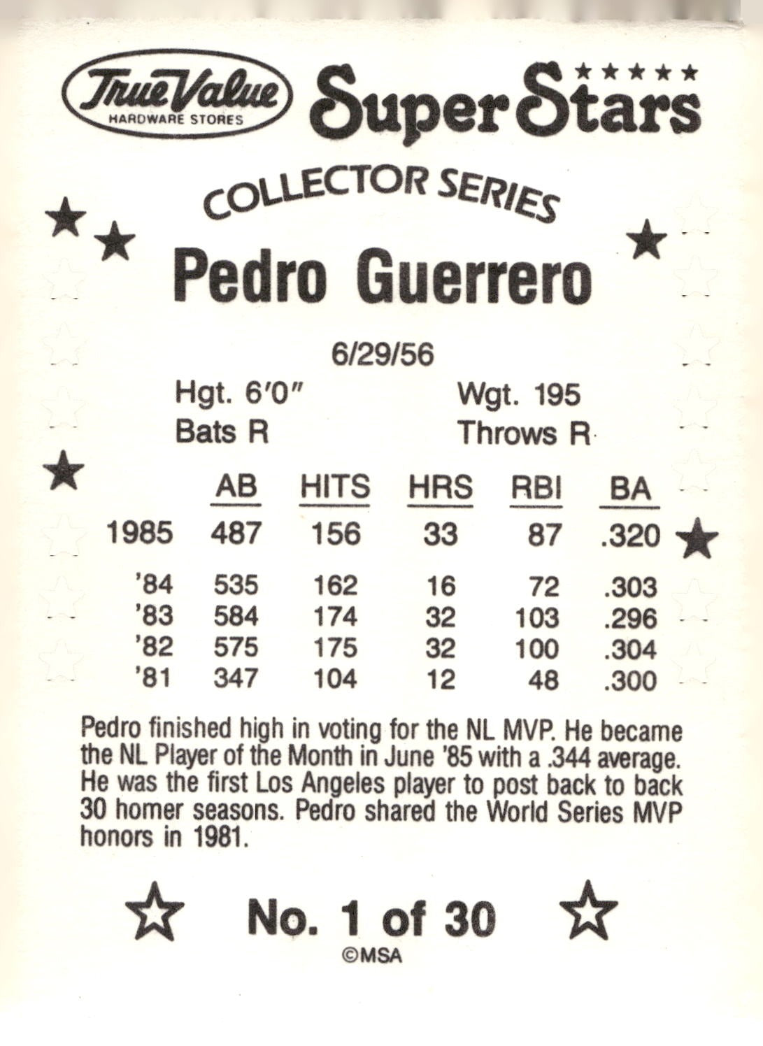 1986 True Value #1 Pedro Guerrero