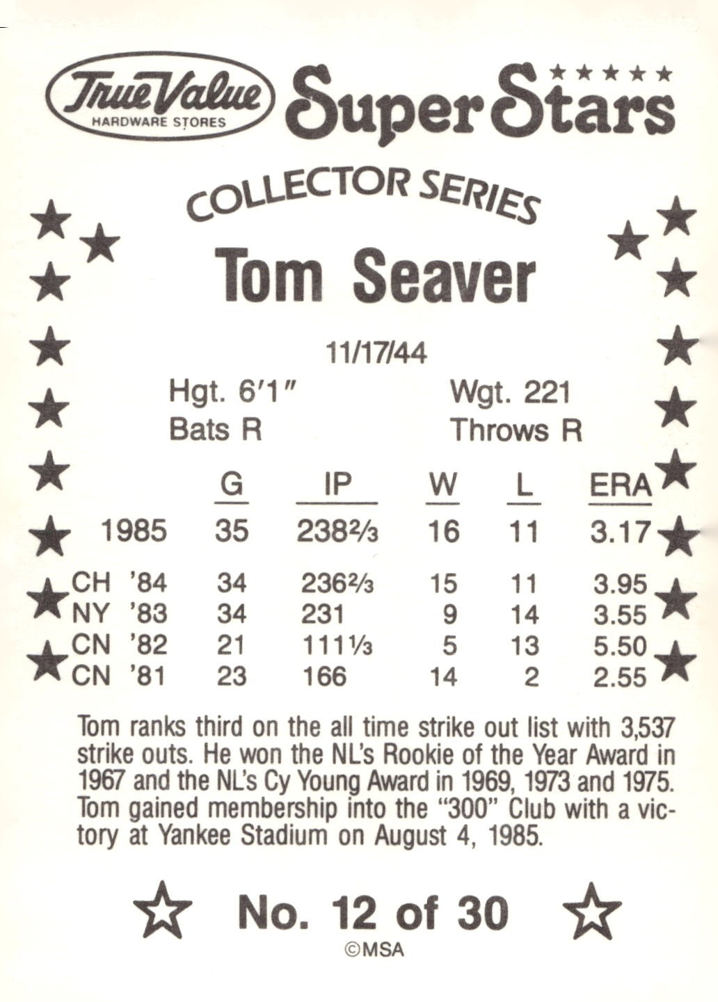 1986 True Value #12 Tom Seaver