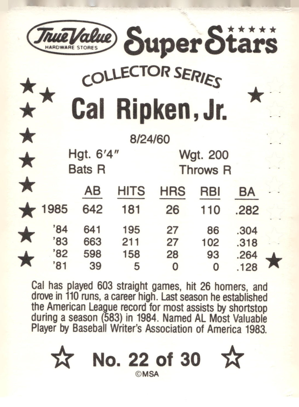 1986 True Value #22 Cal Ripken, Jr.