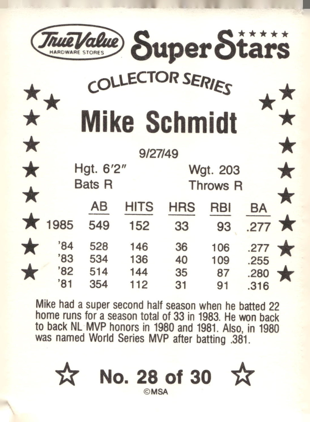 1986 True Value #28 Mike Schmidt