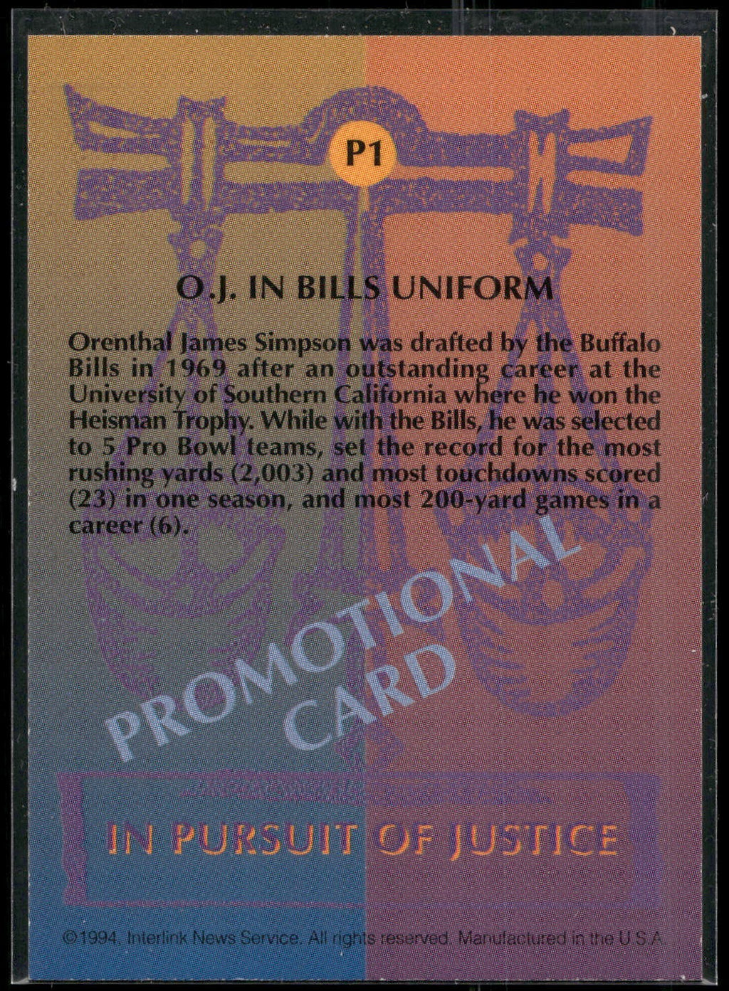 1994 In Pursuit of Justice: The Simpson Case #P1 (In Bills Uniform) Promo
