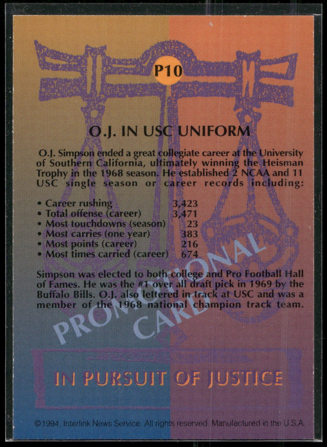 1994 In Pursuit of Justice: The Simpson Case #P10 (In USC Uniform) Promo