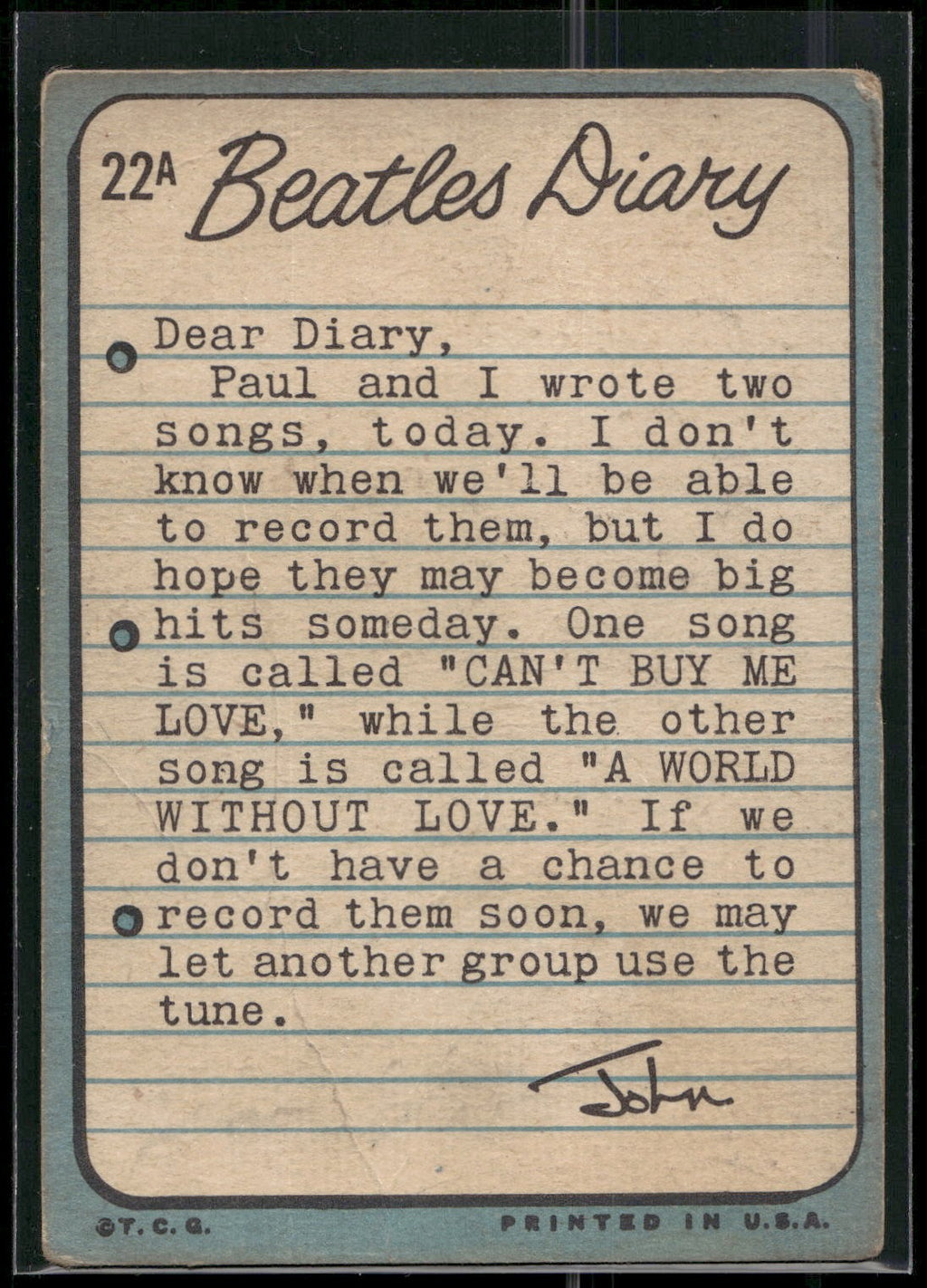 1964 Topps The Beatles Diary #22A John, Ringo