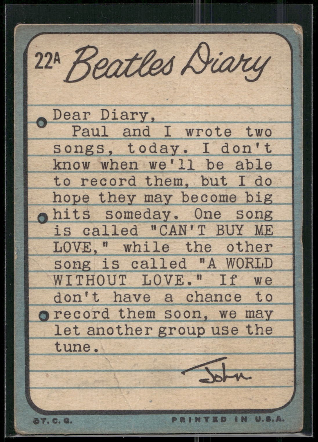 1964 Topps The Beatles Diary #22A John, Ringo