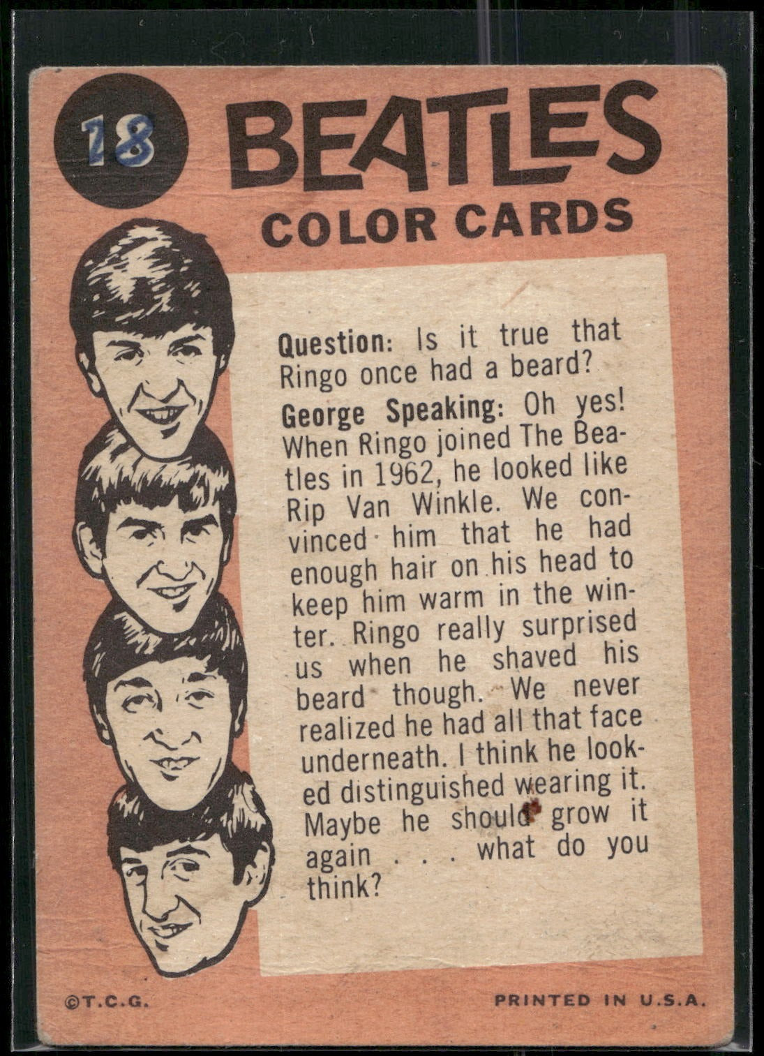 1964 Topps Beatles Color #18 Ringo, George, John, Paul - George Speaking