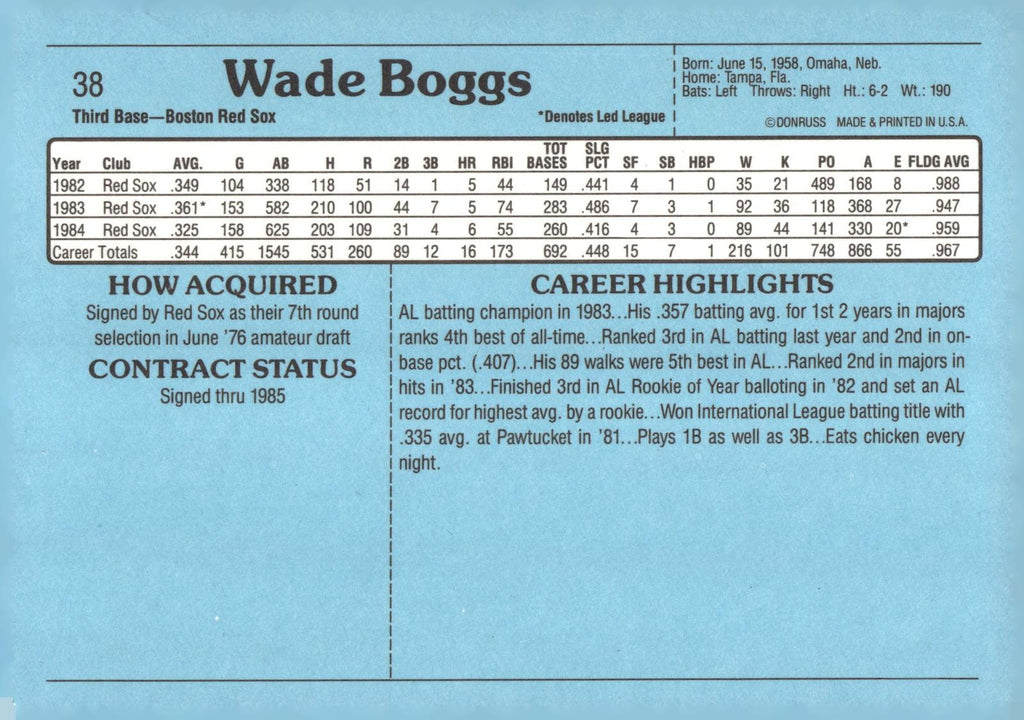 1985 Donruss Action All-Stars 3x5 #38 Wade Boggs