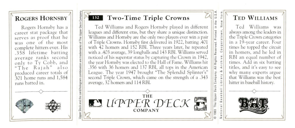 1993 Upper Deck All-Time Heroes #132 Ted Williams / Rogers Hornsby