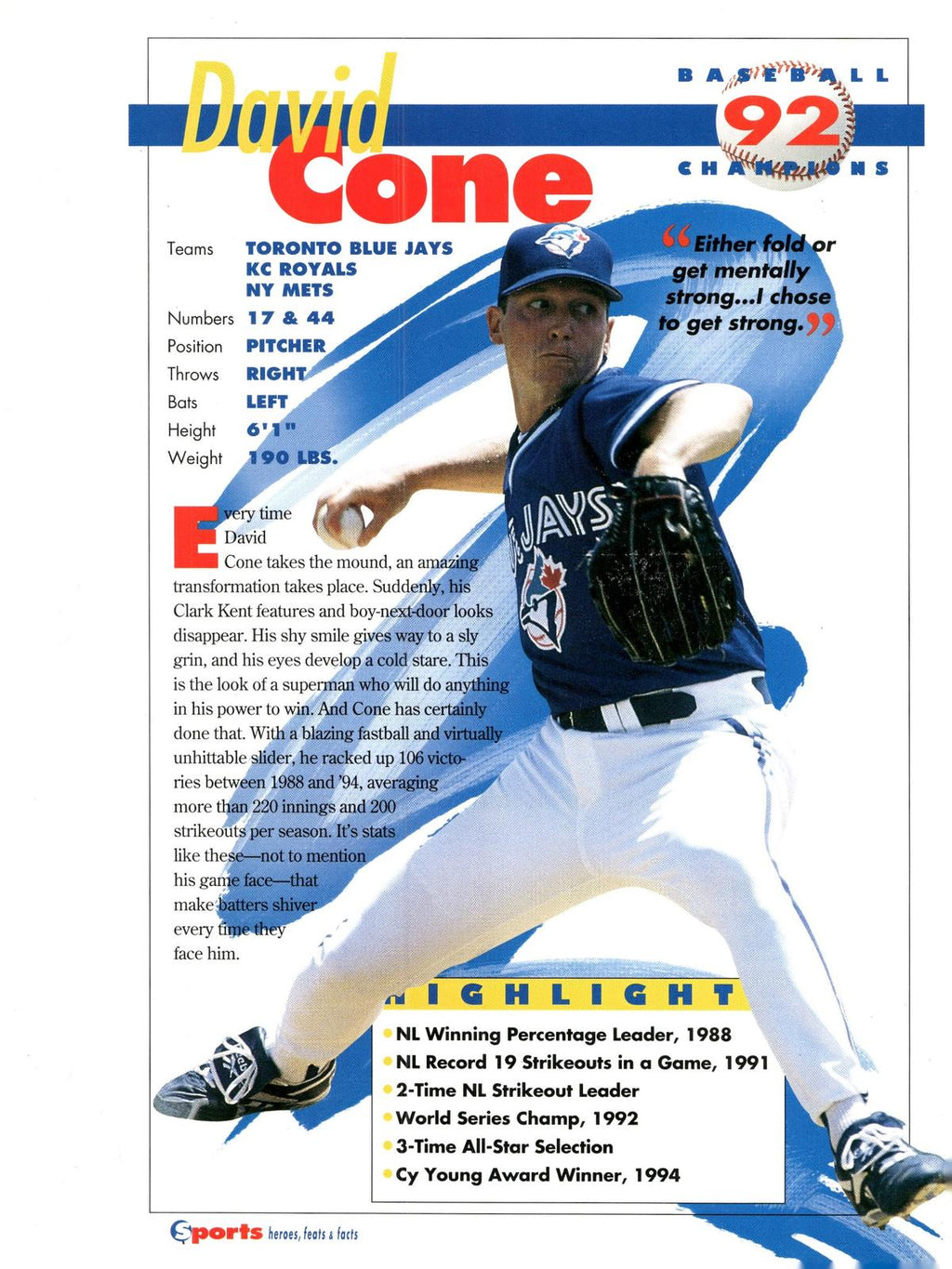 1996 Sports Heroes, Feats & Facts # David Cone