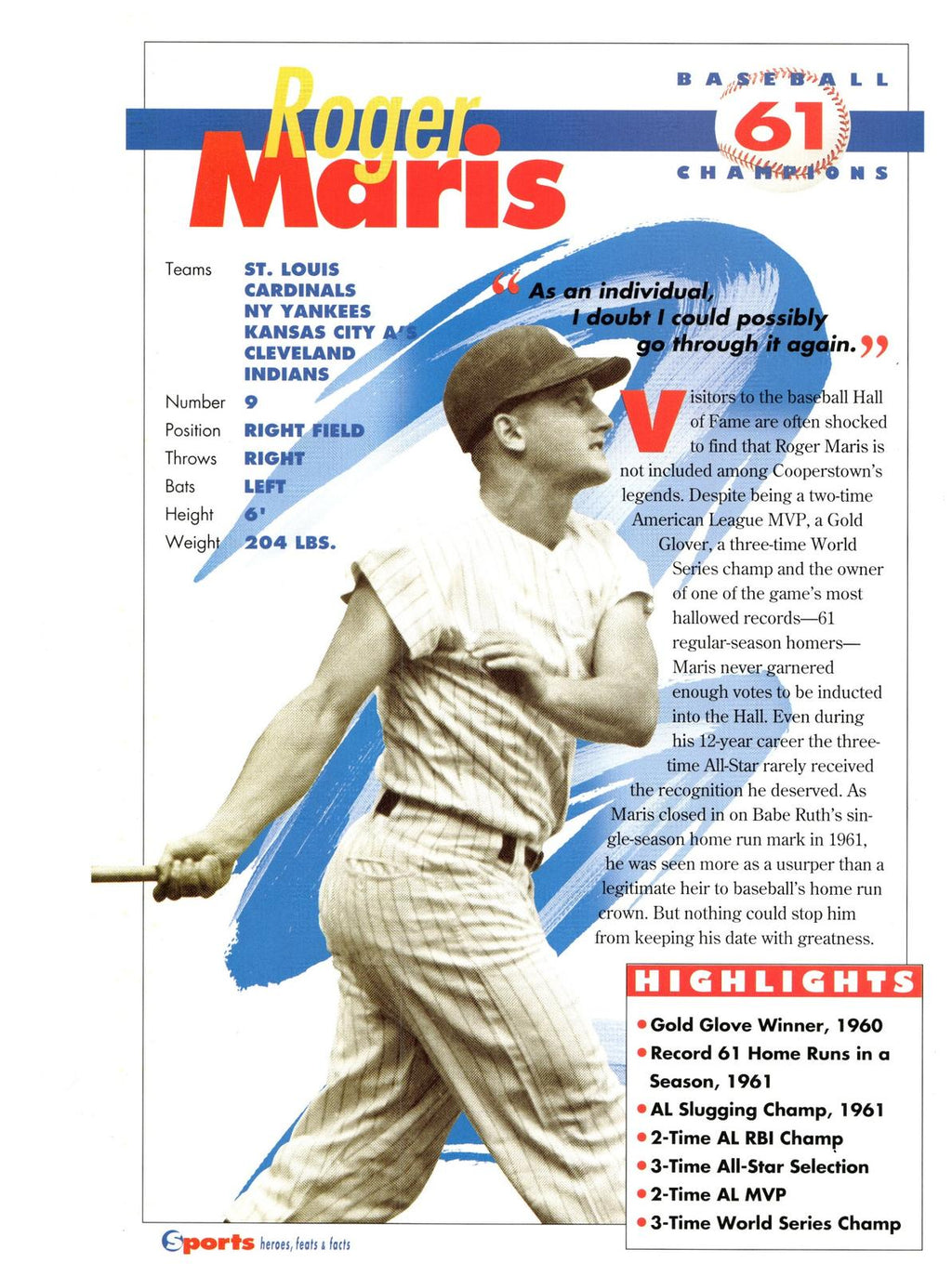 1996 Sports Heroes, Feats & Facts # Roger Maris