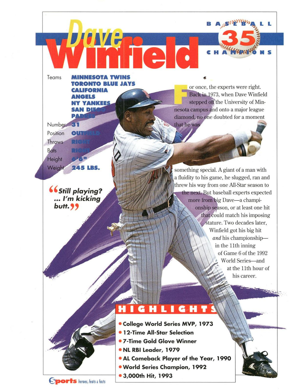 1996 Sports Heroes, Feats & Facts # Dave Winfield