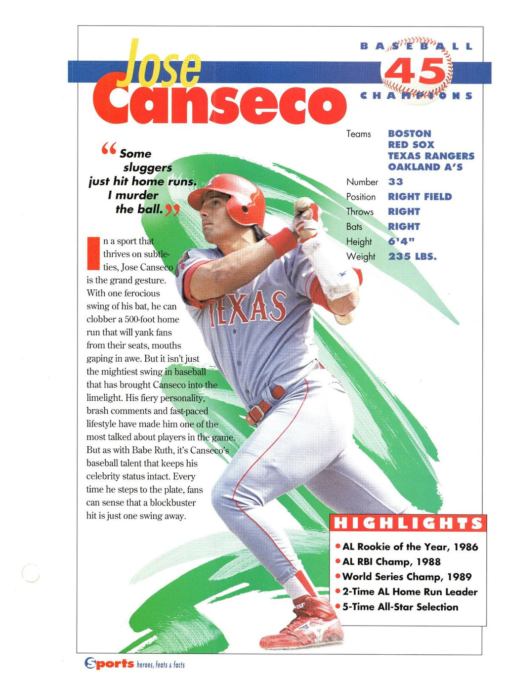 1996 Sports Heroes, Feats & Facts # Jose Canseco