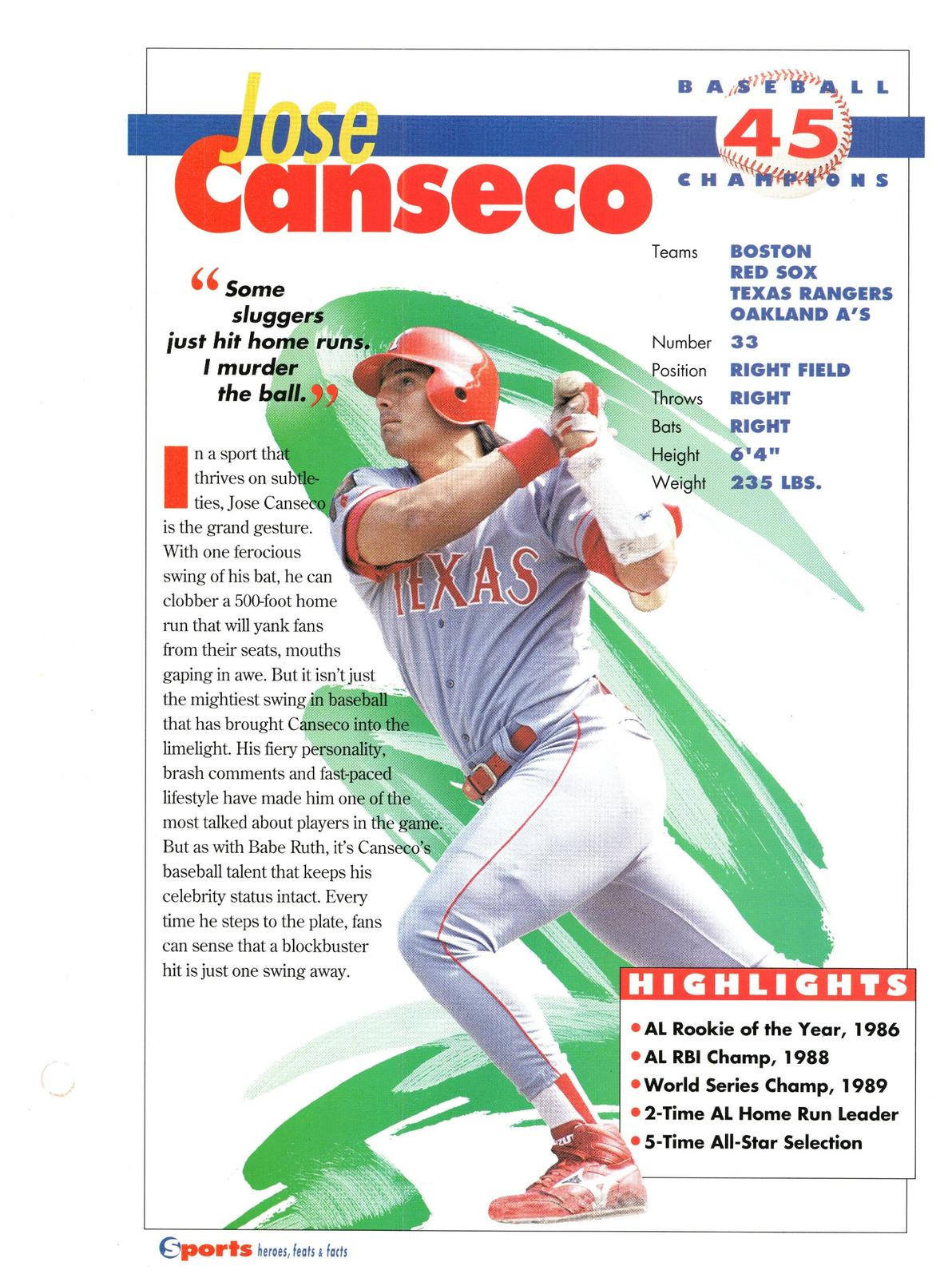 1996 Sports Heroes, Feats & Facts # Jose Canseco
