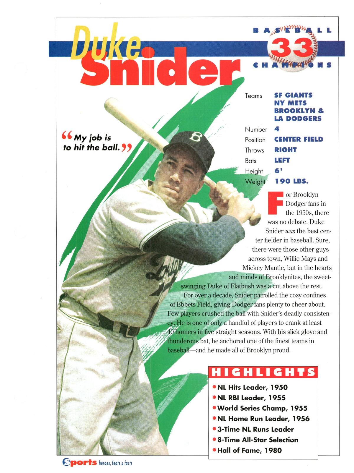 1996 Sports Heroes, Feats & Facts # Duke Snider