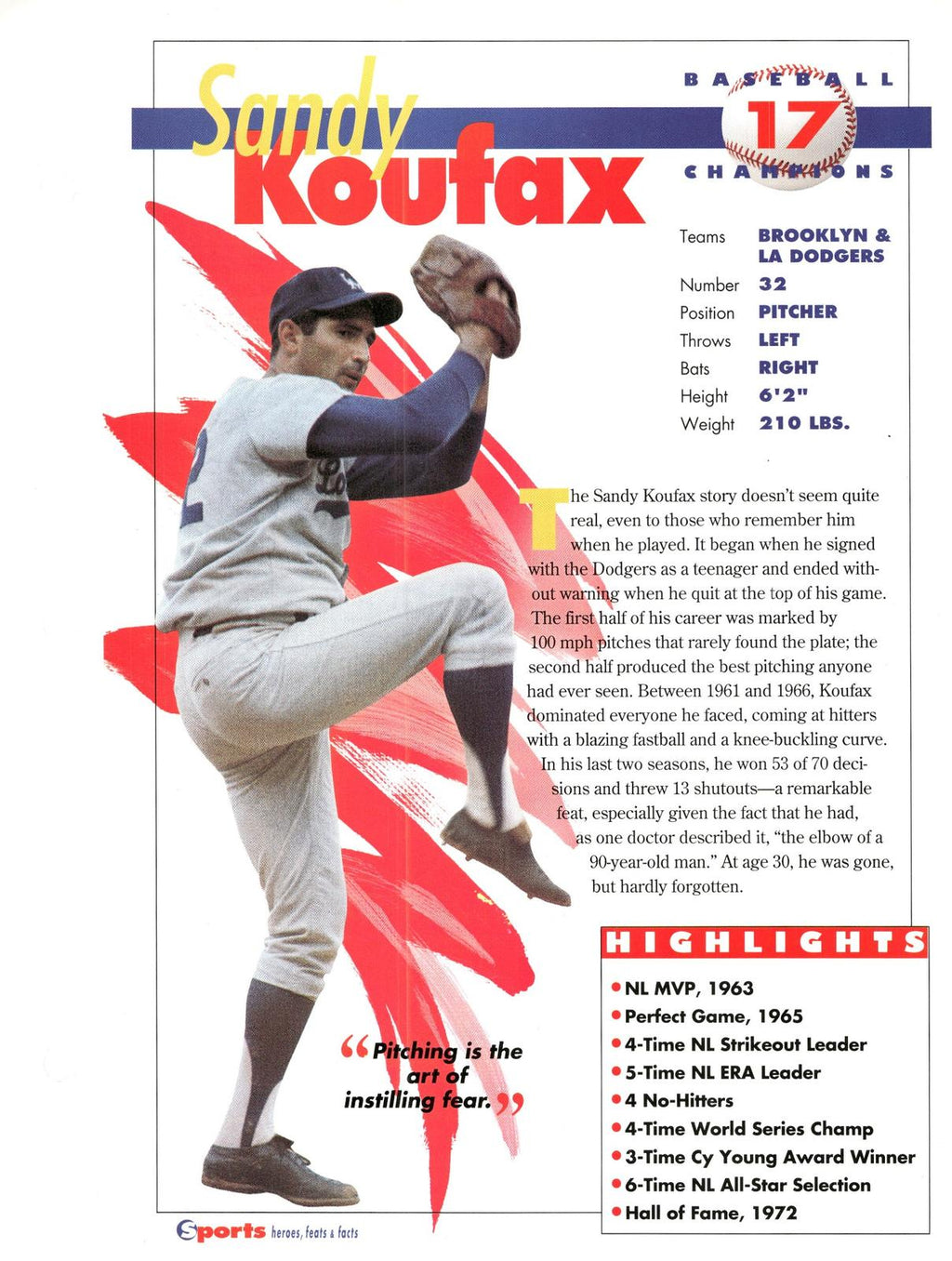 1996 Sports Heroes, Feats & Facts # Sandy Koufax