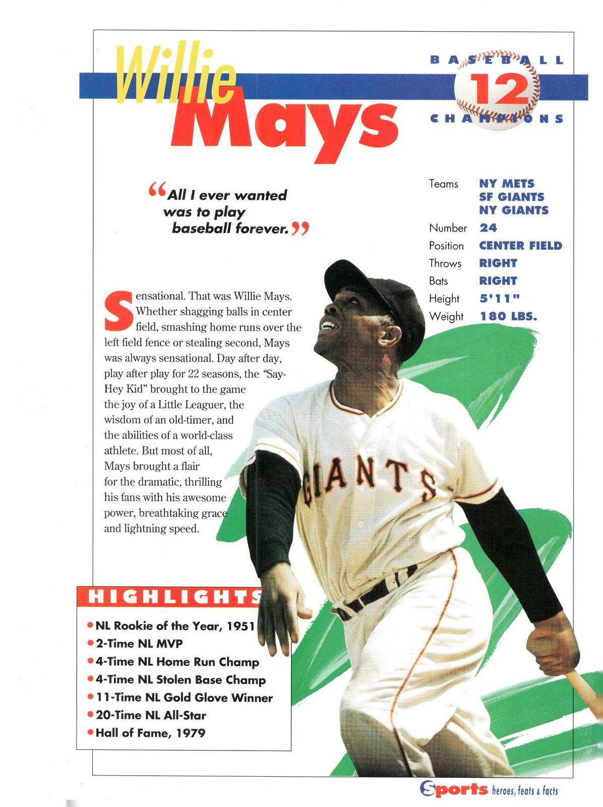 1996 Sports Heroes, Feats & Facts # Willie Mays