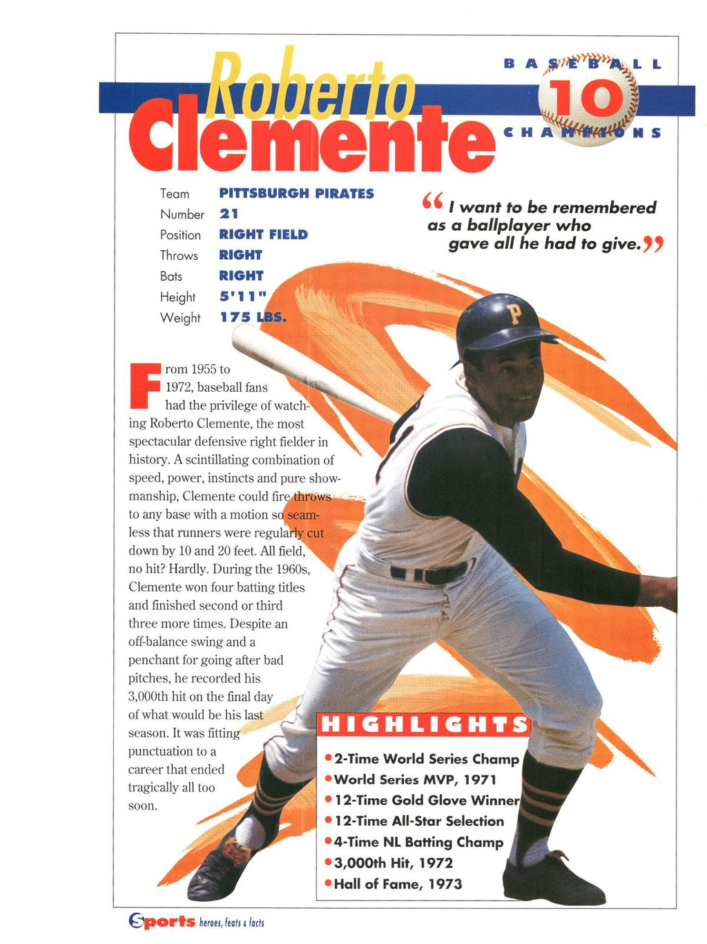 1996 Sports Heroes, Feats & Facts # Roberto Clemente