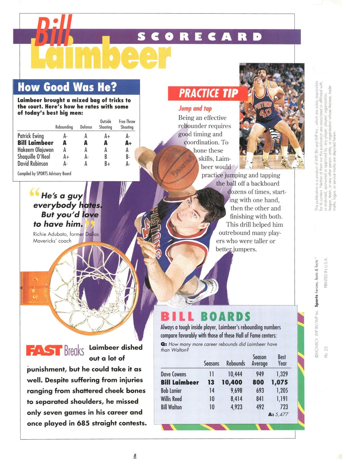 1996 Sports Heroes, Feats & Facts # Bill Laimbeer
