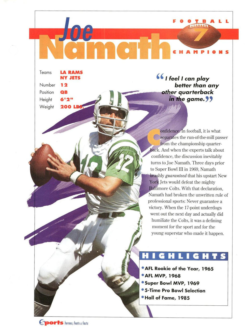 1996 Sports Heroes, Feats & Facts # Joe Namath