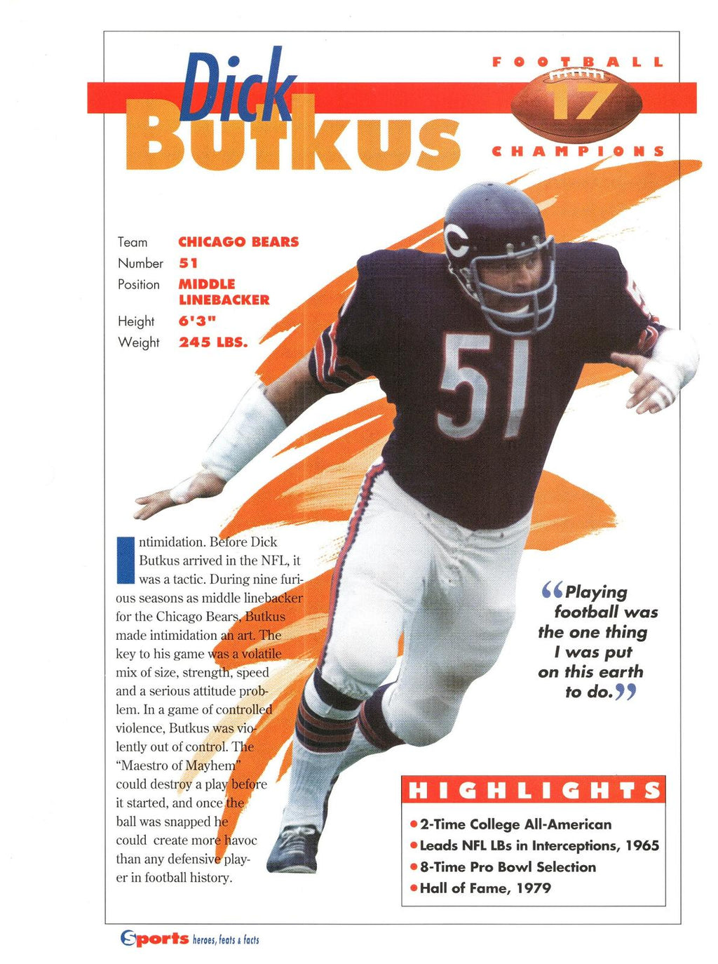 1996 Sports Heroes, Feats & Facts # Dick Butkus