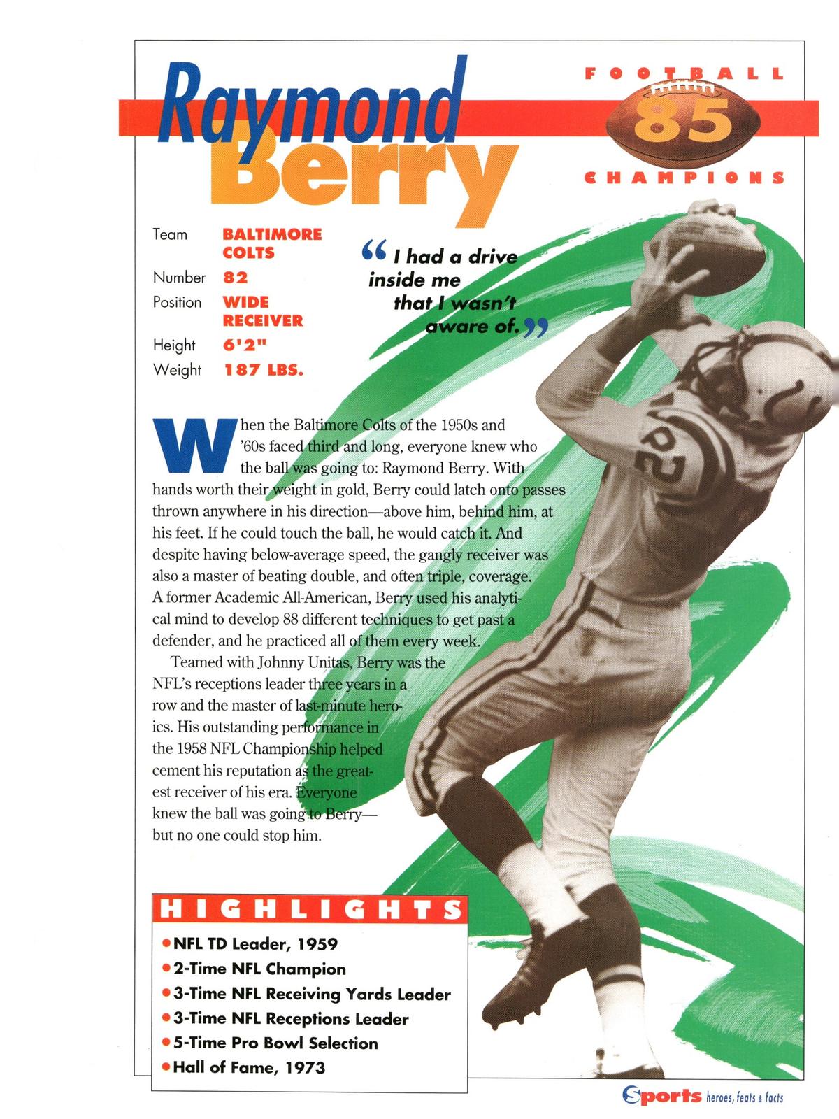 1996 Sports Heroes, Feats & Facts # Raymond Berry