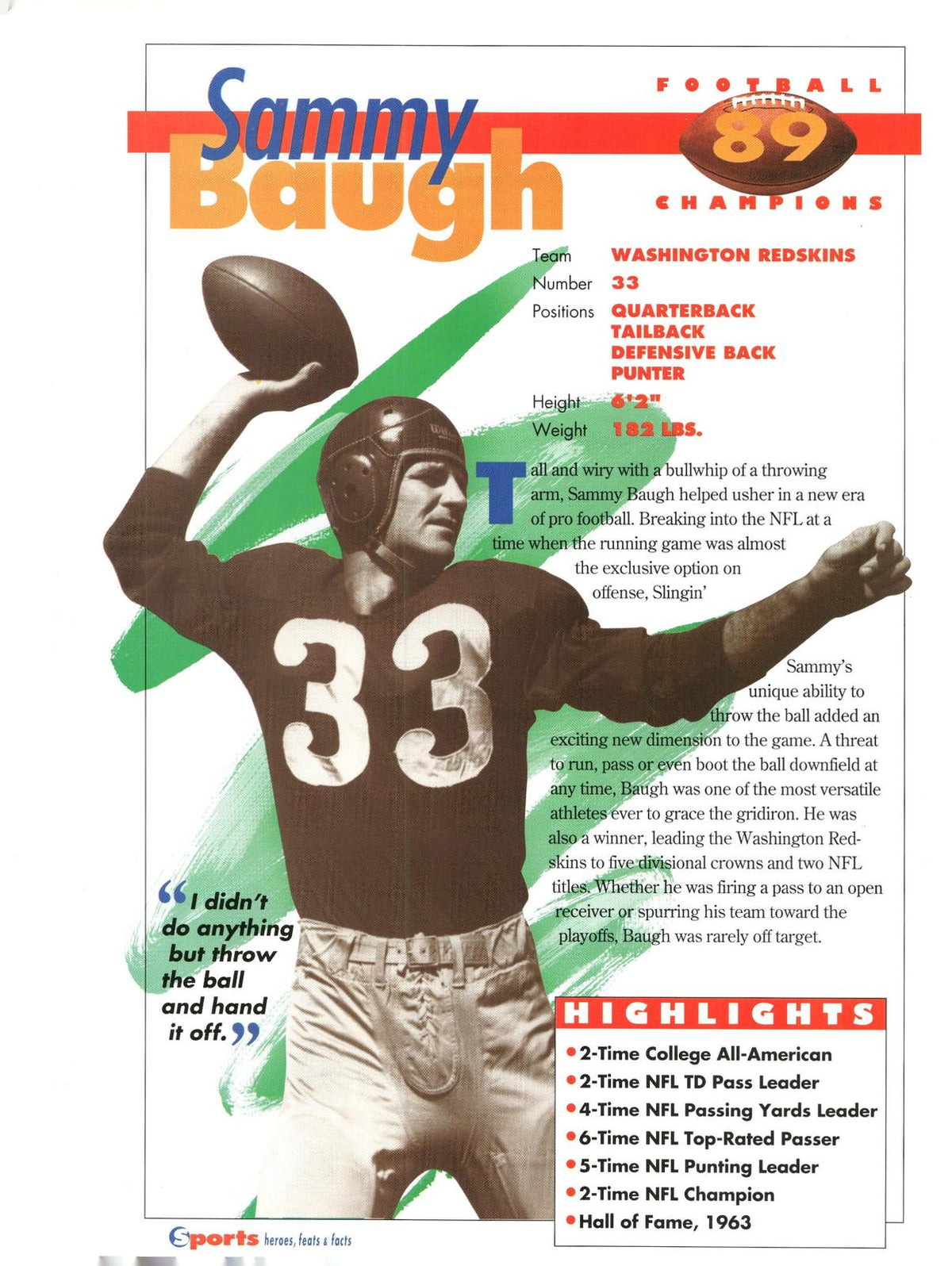 1996 Sports Heroes, Feats & Facts # Sammy Baugh