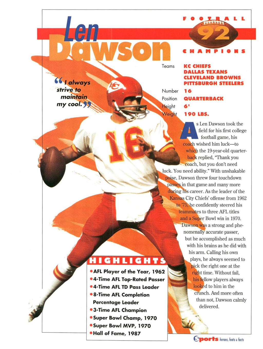 1996 Sports Heroes, Feats & Facts # Len Dawson