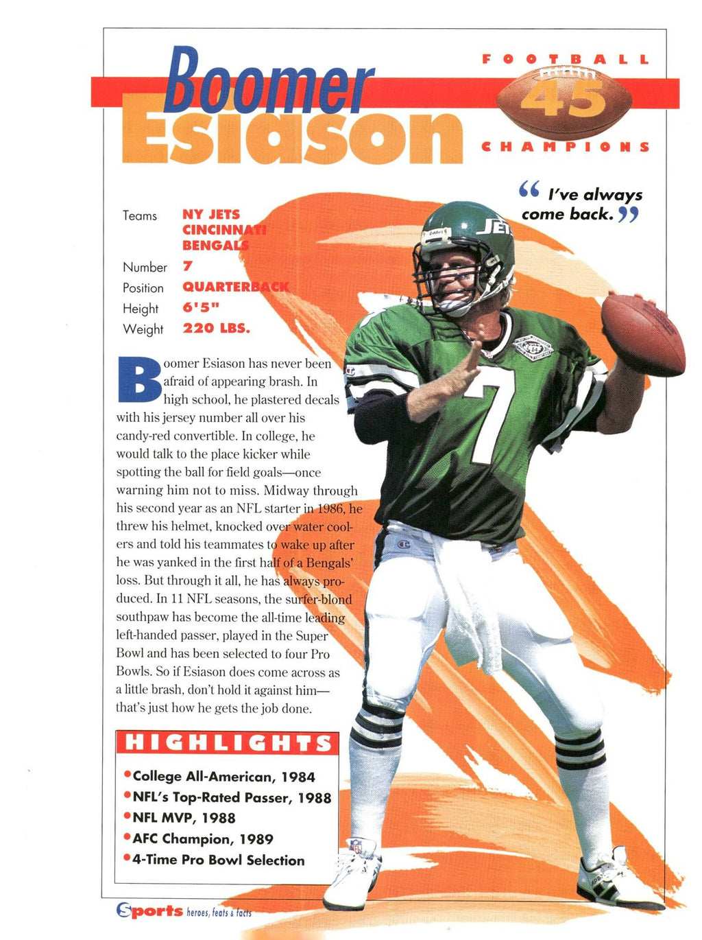 1996 Sports Heroes, Feats & Facts # Boomer Esiason