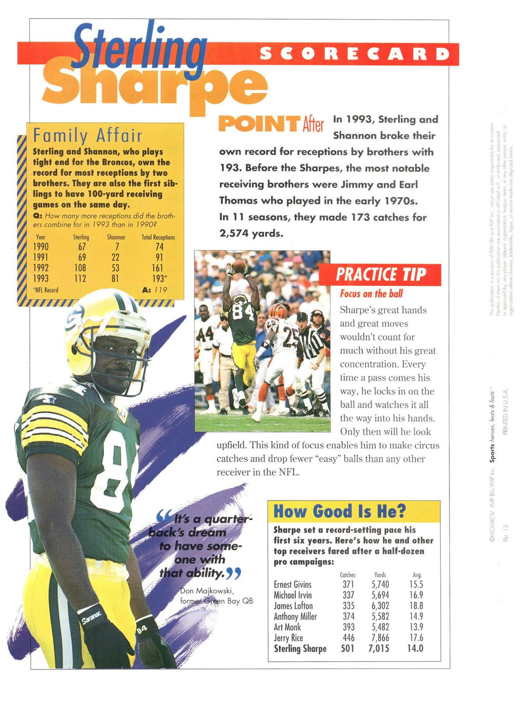 1996 Sports Heroes, Feats & Facts # Sterling Sharpe