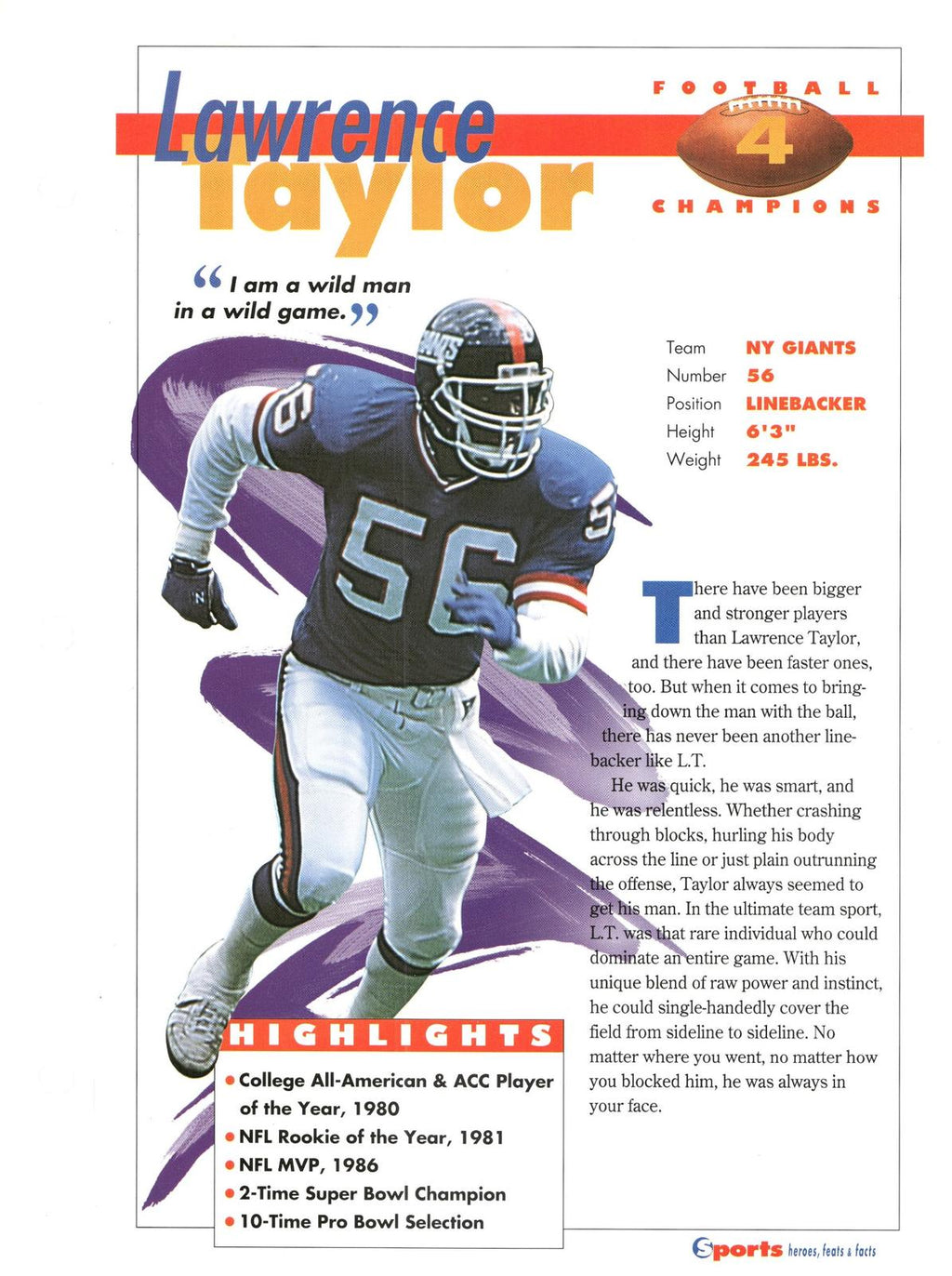 1996 Sports Heroes, Feats & Facts # Lawrence Taylor