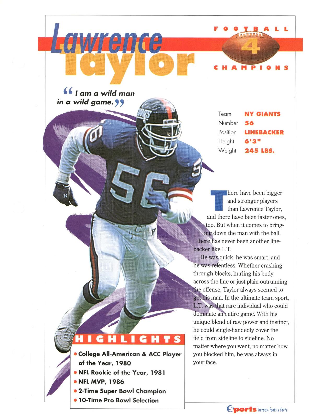 1996 Sports Heroes, Feats & Facts # Lawrence Taylor