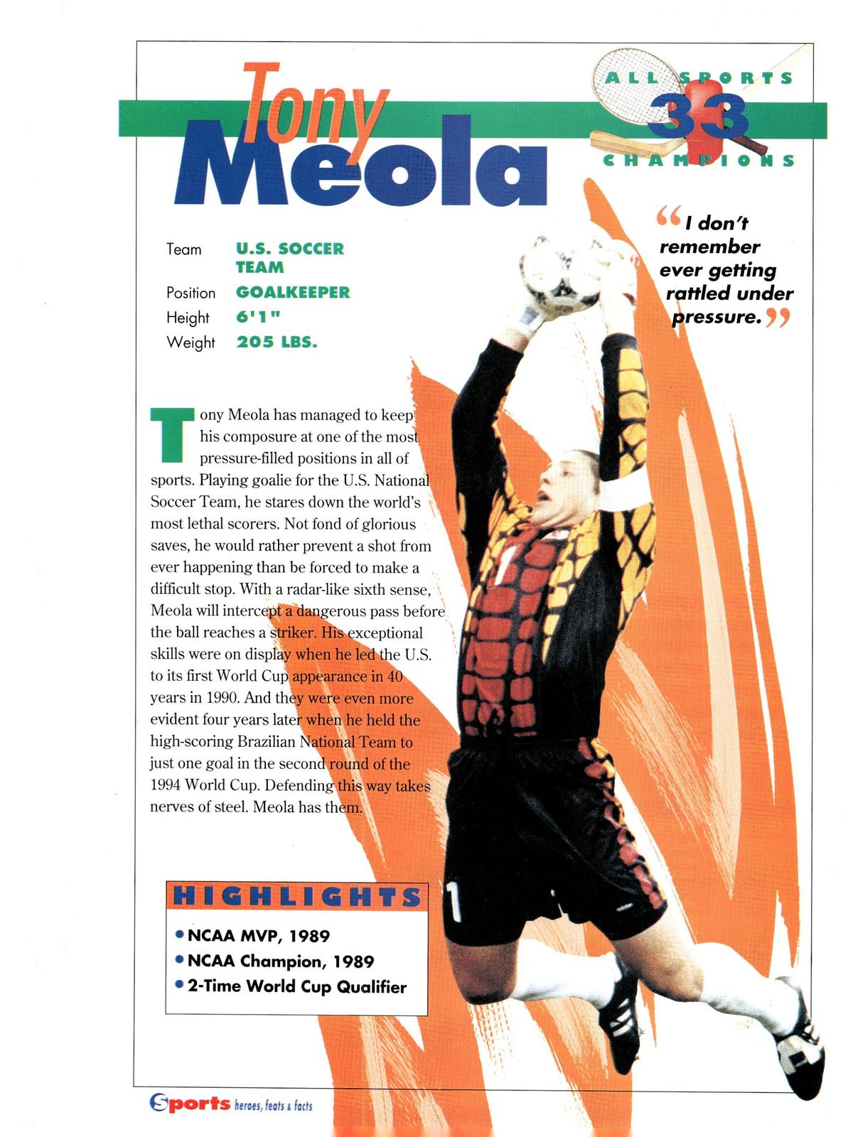1996 Sports Heroes, Feats & Facts # Tony Meola