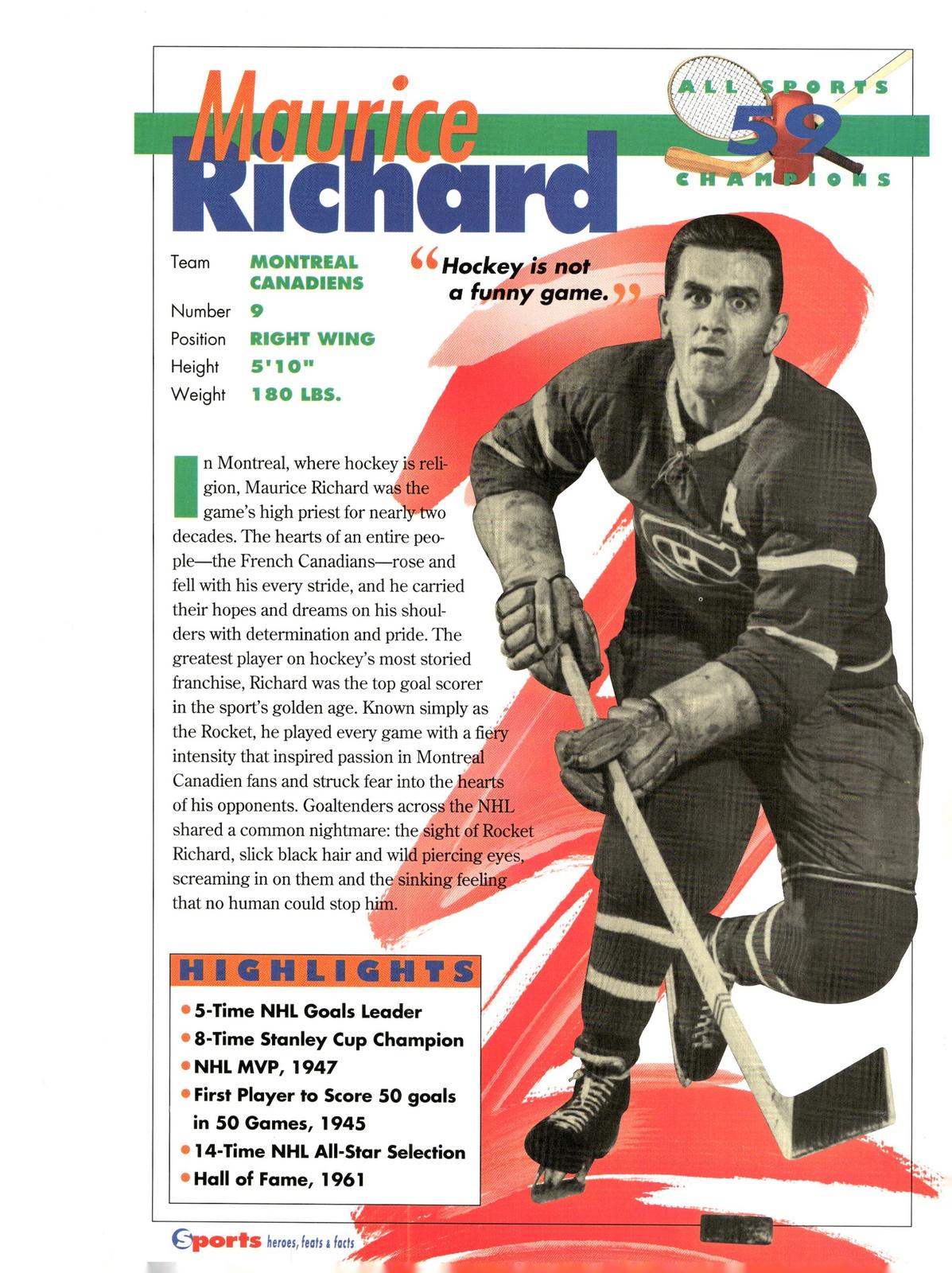 1996 Sports Heroes, Feats & Facts # Maurice Richard