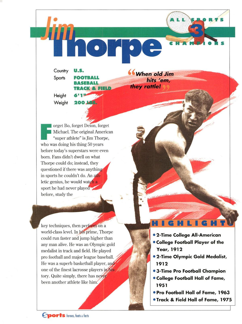 1996 Sports Heroes, Feats & Facts # Jim Thorpe