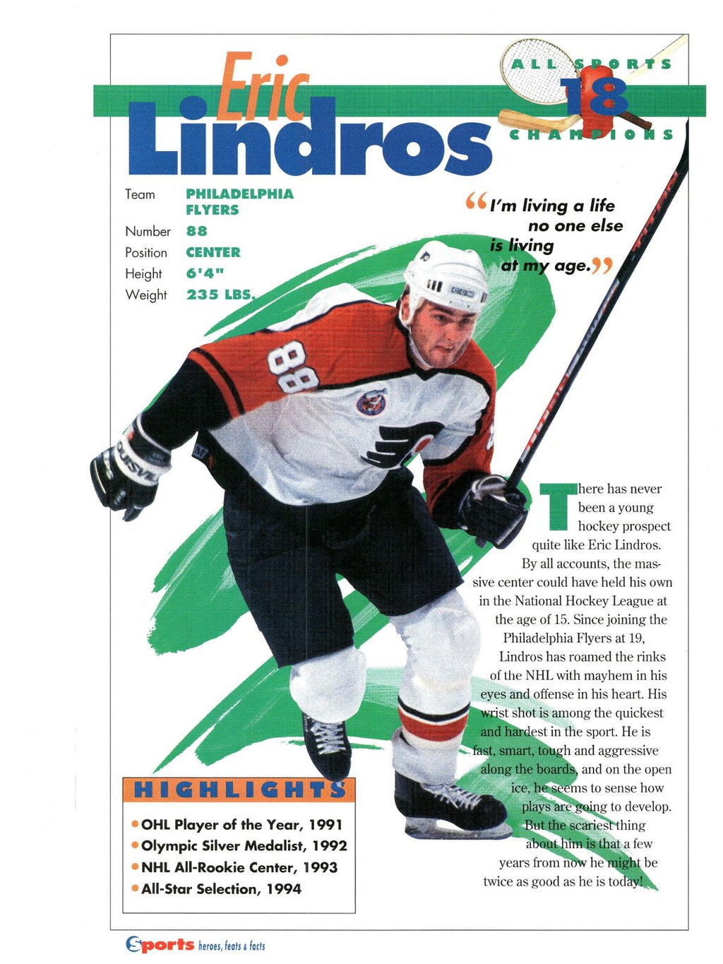 1996 Sports Heroes, Feats & Facts # Eric Lindros