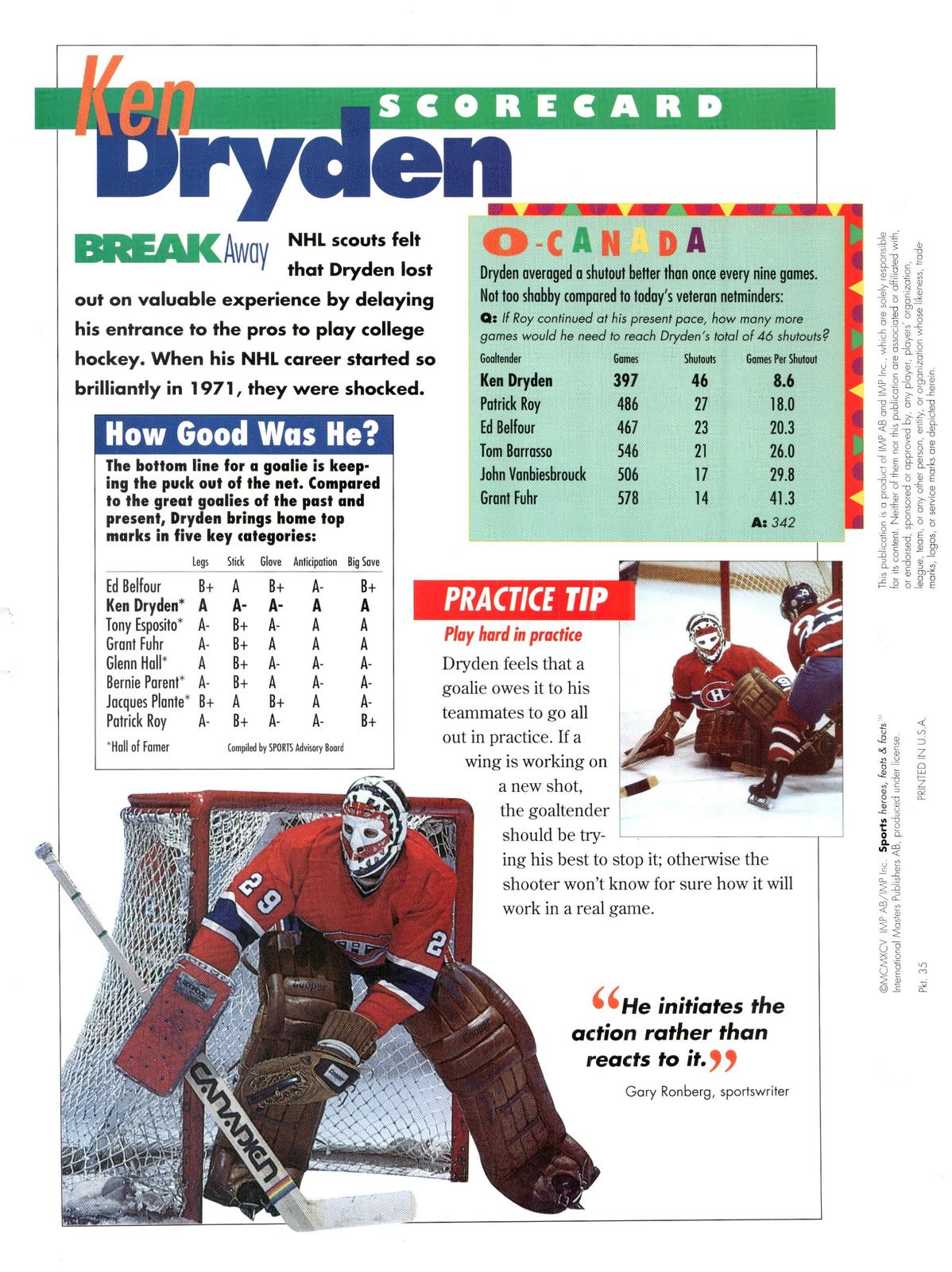 1996 Sports Heroes, Feats & Facts # Ken Dryden