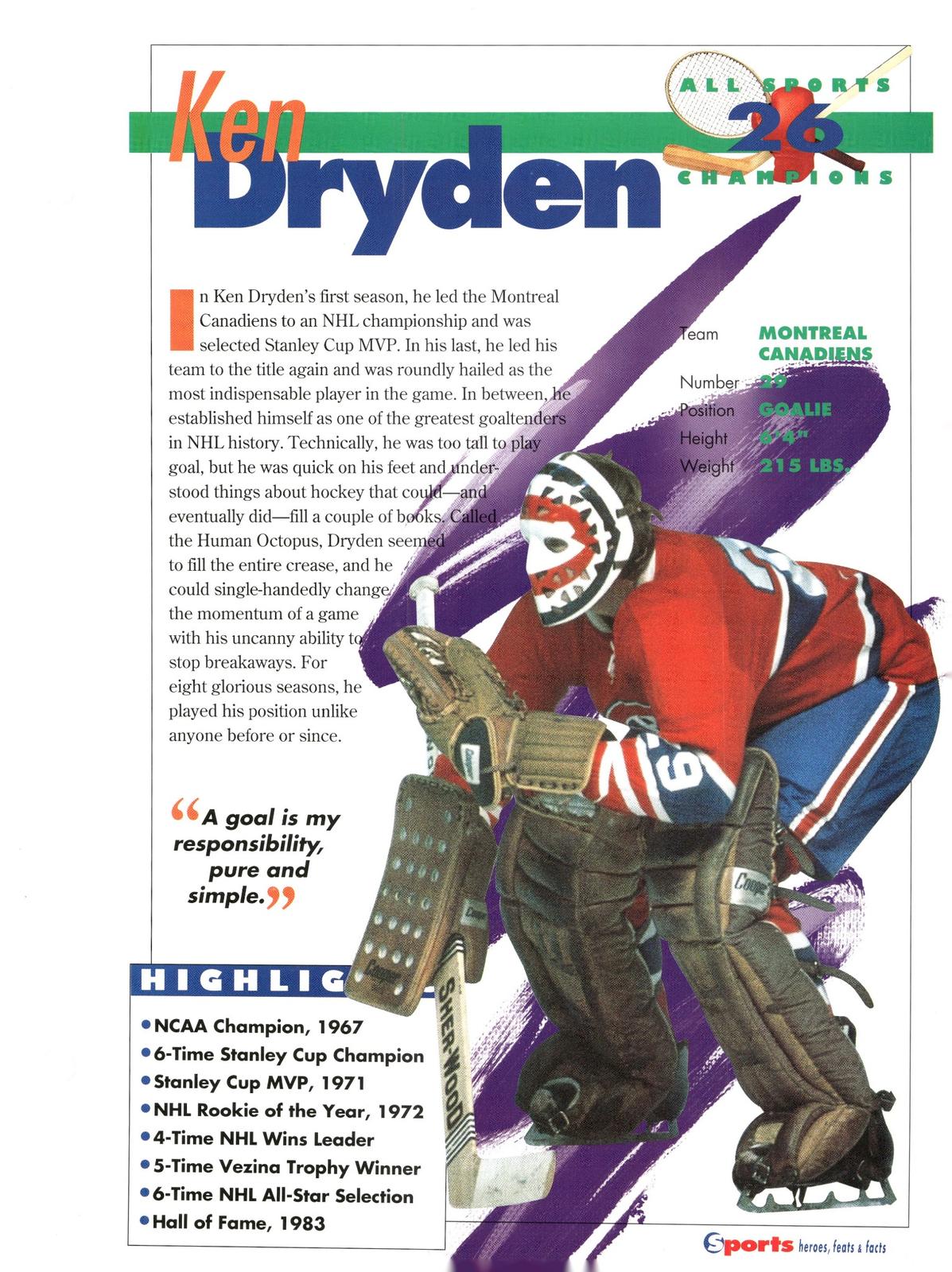 1996 Sports Heroes, Feats & Facts # Ken Dryden
