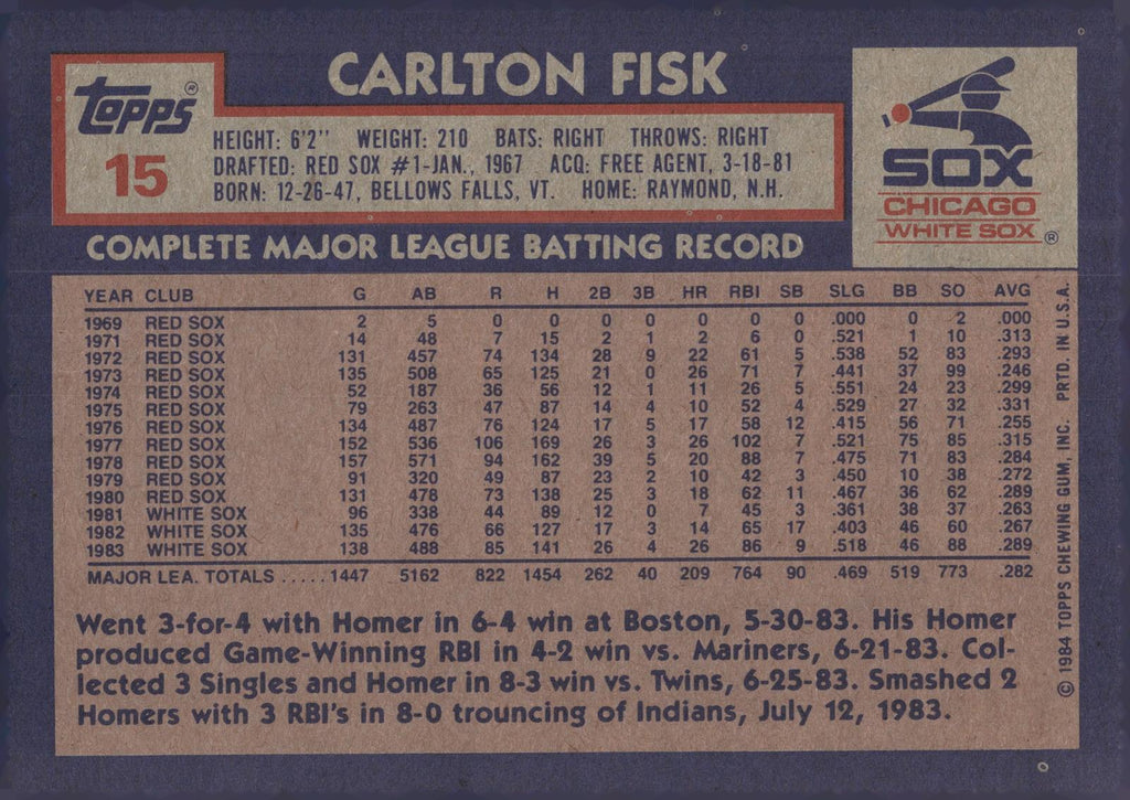 1984 Topps Super #15 Carlton Fisk