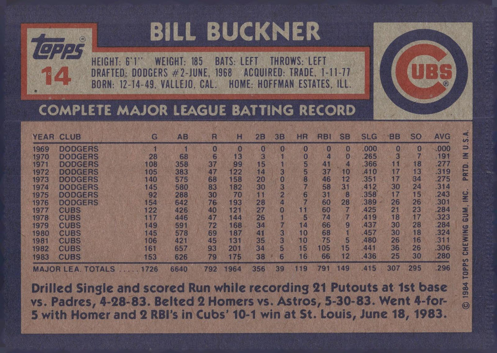 1984 Topps Super #14 Bill Buckner