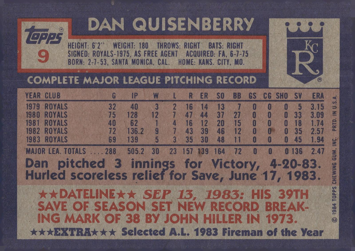 1984 Topps Super #9 Dan Quisenberry