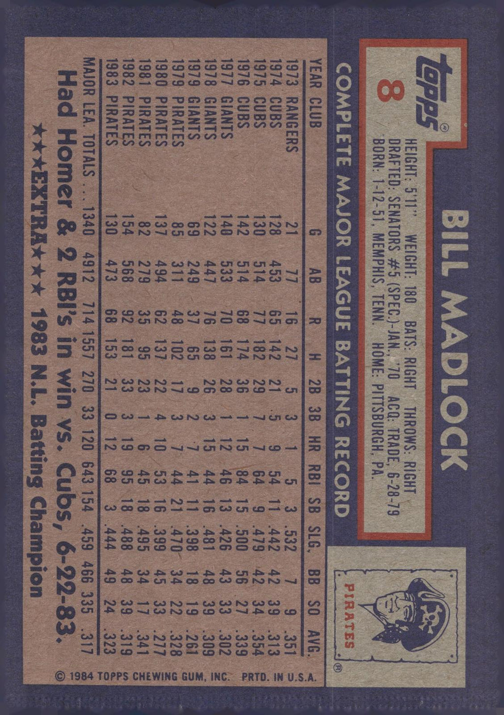 1984 Topps Super #8 Bill Madlock
