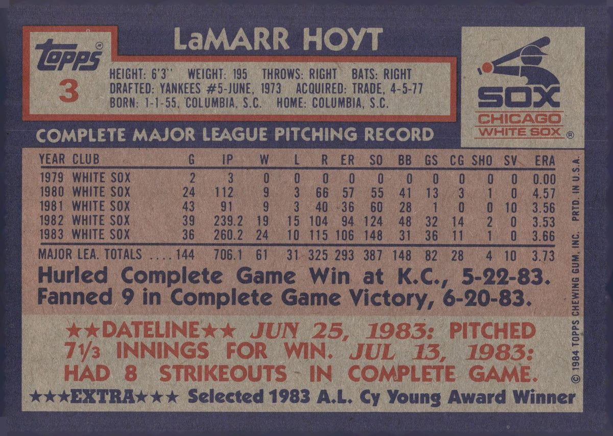 1984 Topps Super #3 LaMarr Hoyt